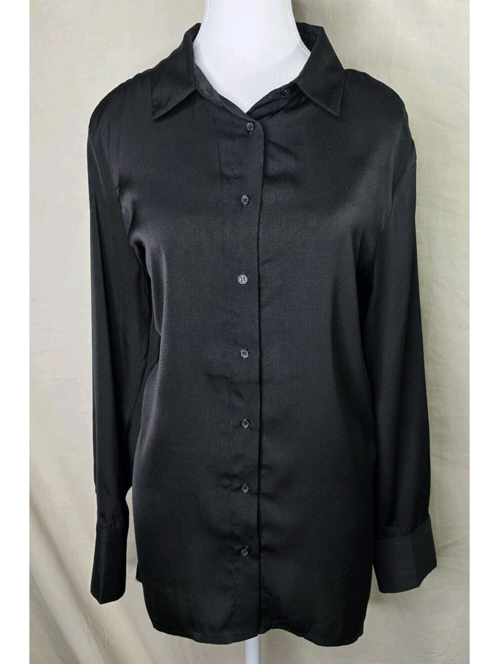 Elan Black Satin Button Down Tunic Size S New No Tags
